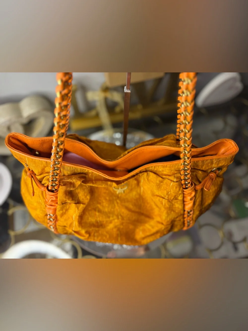 MCM RARE Orange Crinkled Leather Chain-Handle Shoulder Bag EUC - Picture 5 of 15